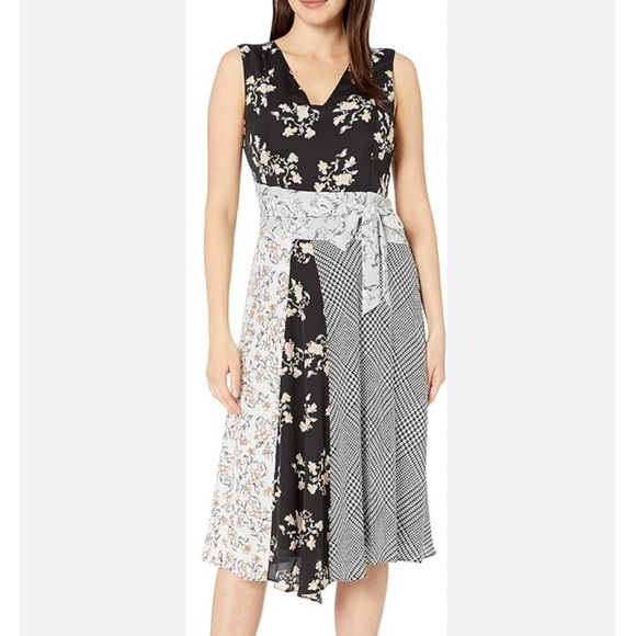 Calvin Klein Satin Mixed Floral Patterns Sleeveless V-Neck Belted Dress Sz 10 - Picture 1 of 13